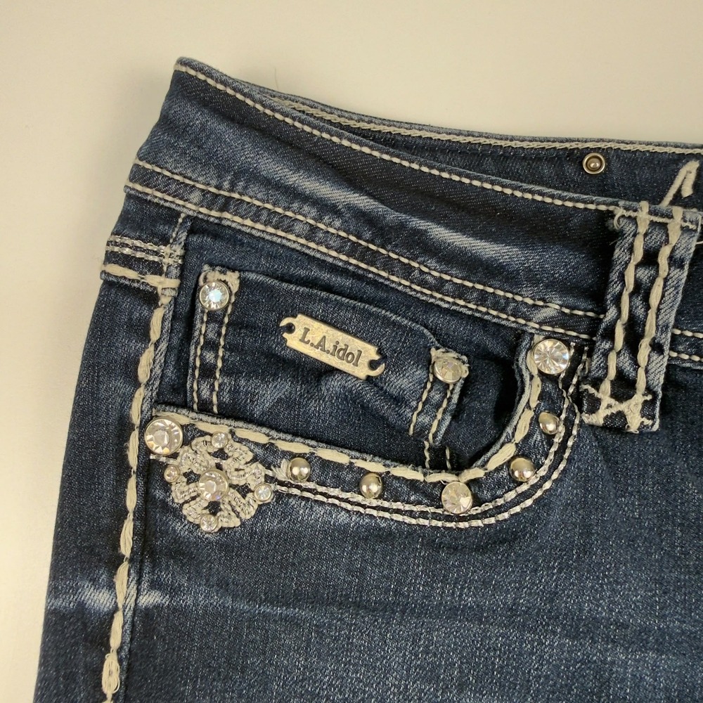Y2K L.A. Idol USA Jeans Size 11 W33 L31.5 Rhinestone Fleur De Lis Bling Denim - Picture 4 of 14